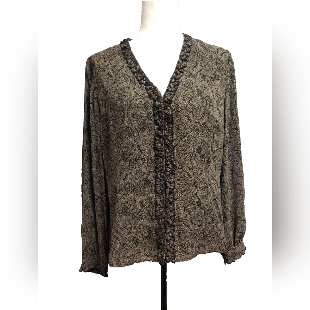 Laura Ashley Women 8 Black Tan Silk Lined Ruffle Blouse